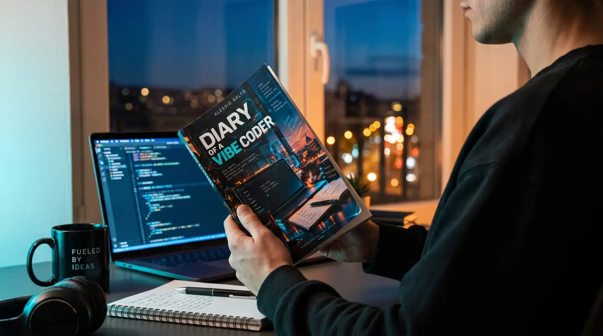 Una persona legge il libro Diary of a Vibe Coder di Alessio Galfo, seduta di notte alla scrivania davanti a un laptop con del codice sullo schermo