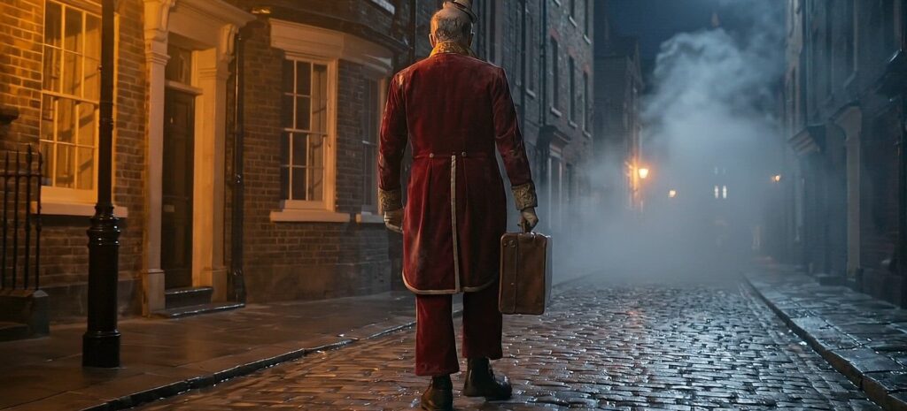 Still Here – the clown in the rain Still Here, AI short film by Alessio Galfo: an aged clown in the rain on a late-19th-century London street