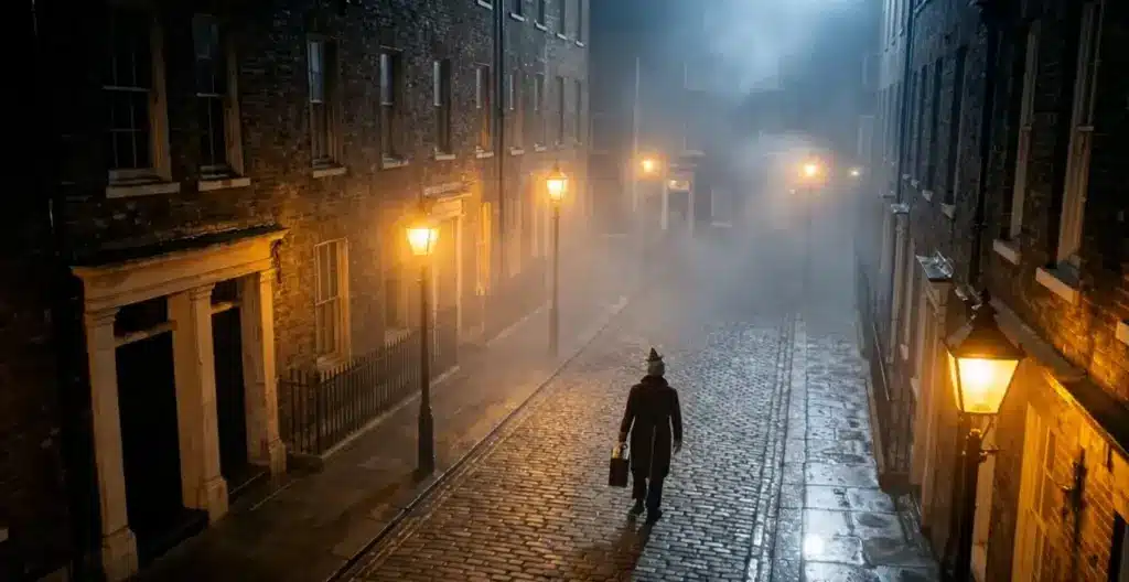 Still Here storyboard – the clown on a foggy street Still Here AI short film: the aged clown walks with his suitcase down a foggy Victorian London street at night
