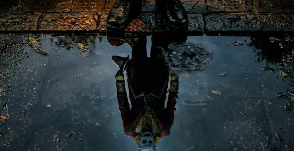 Still Here storyboard – the clown’s reflection Still Here AI short film: the clown’s reflection in a rain puddle beneath his shoes