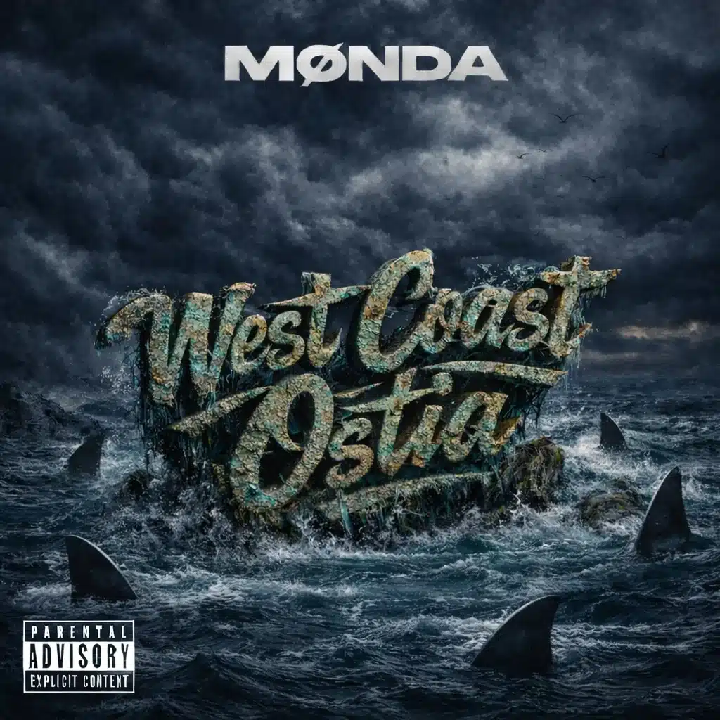 monda-03 Copertina di West Coast Ostia di MØNDA, con mare in tempesta e squali