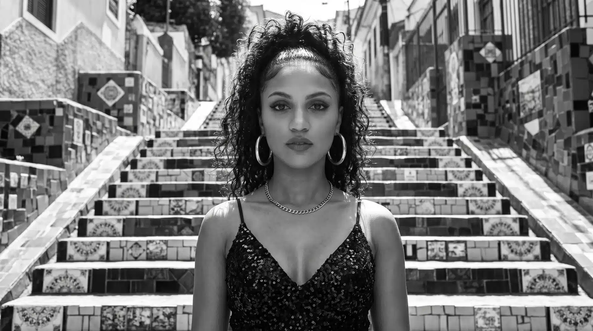 Sona Vee, artista musicale virtuale, ritratta davanti a una scalinata